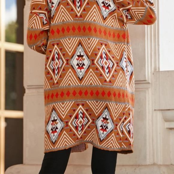 Brown Aztec Geometric Knit Open Front Cardigan - Picture 6 of 6